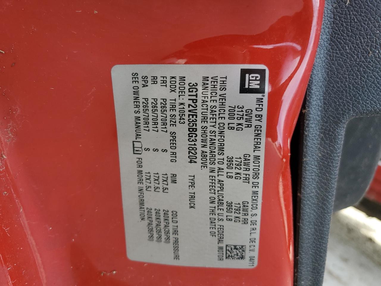 3GTP2VE35BG318204 2011 GMC Sierra K1500 Sle