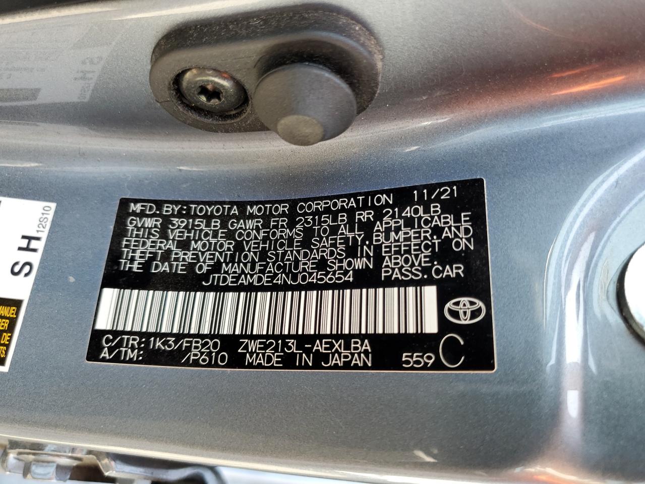 JTDEAMDE4NJ045654 TOYOTA COROLLA 2022