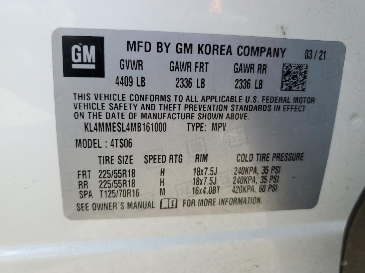 KL4MMESL4MB161000 2021 Buick Encore Gx Select