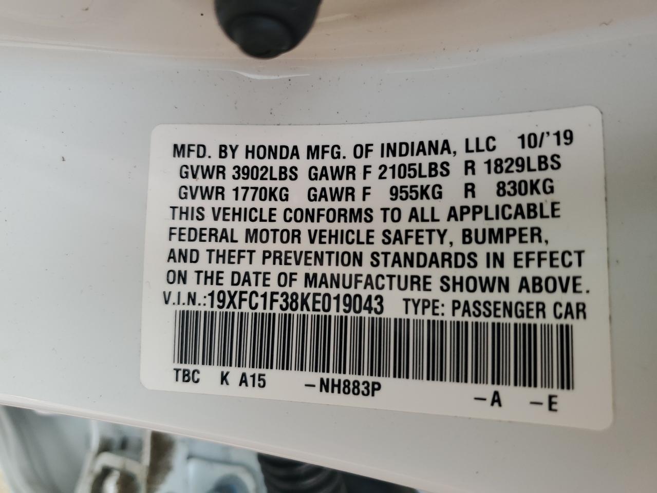 19XFC1F38KE019043 HONDA CIVIC 2019