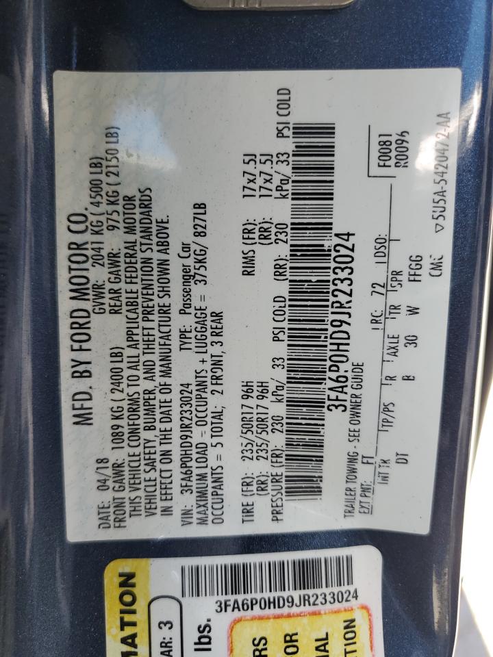 3FA6P0HD9JR233024 FORD FUSION 2018