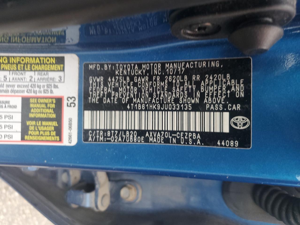 4T1B61HK9JU033135 TOYOTA CAMRY 2018
