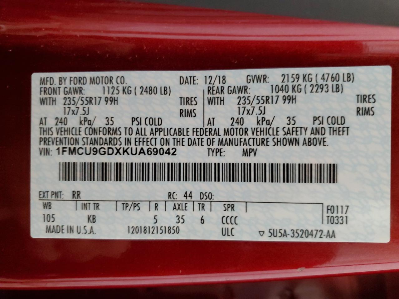 1FMCU9GDXKUA69042 FORD ESCAPE 2019