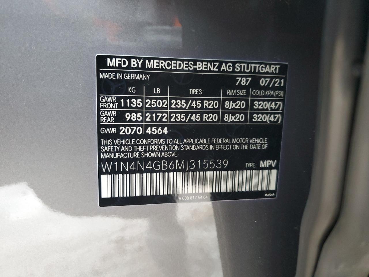 W1N4N4GB6MJ315539 2021 Mercedes-Benz Gla 250