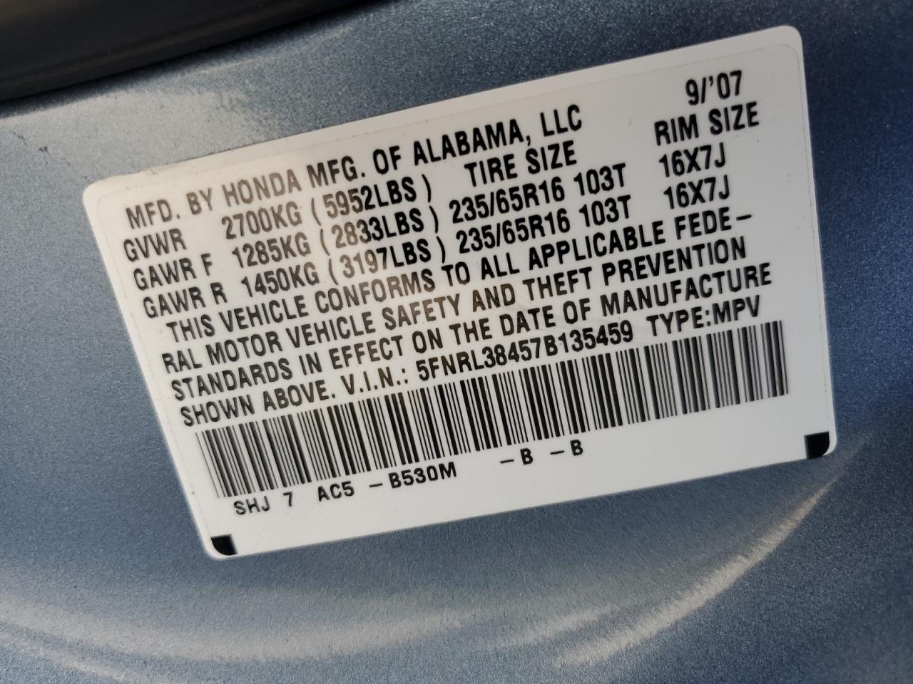 5FNRL38457B135459 2007 Honda Odyssey Ex