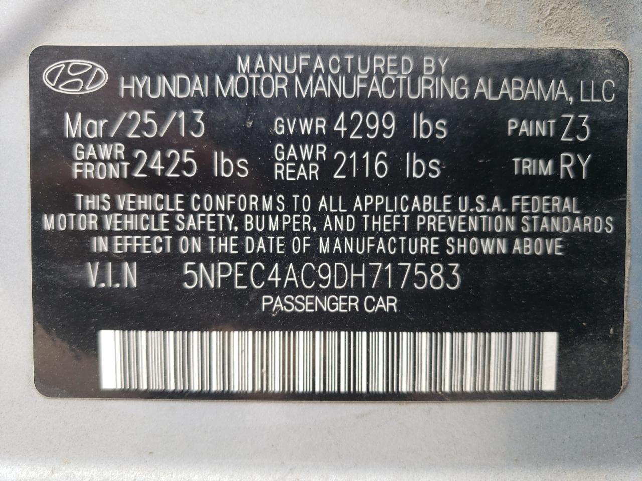 5NPEC4AC9DH717583 2013 Hyundai Sonata Se