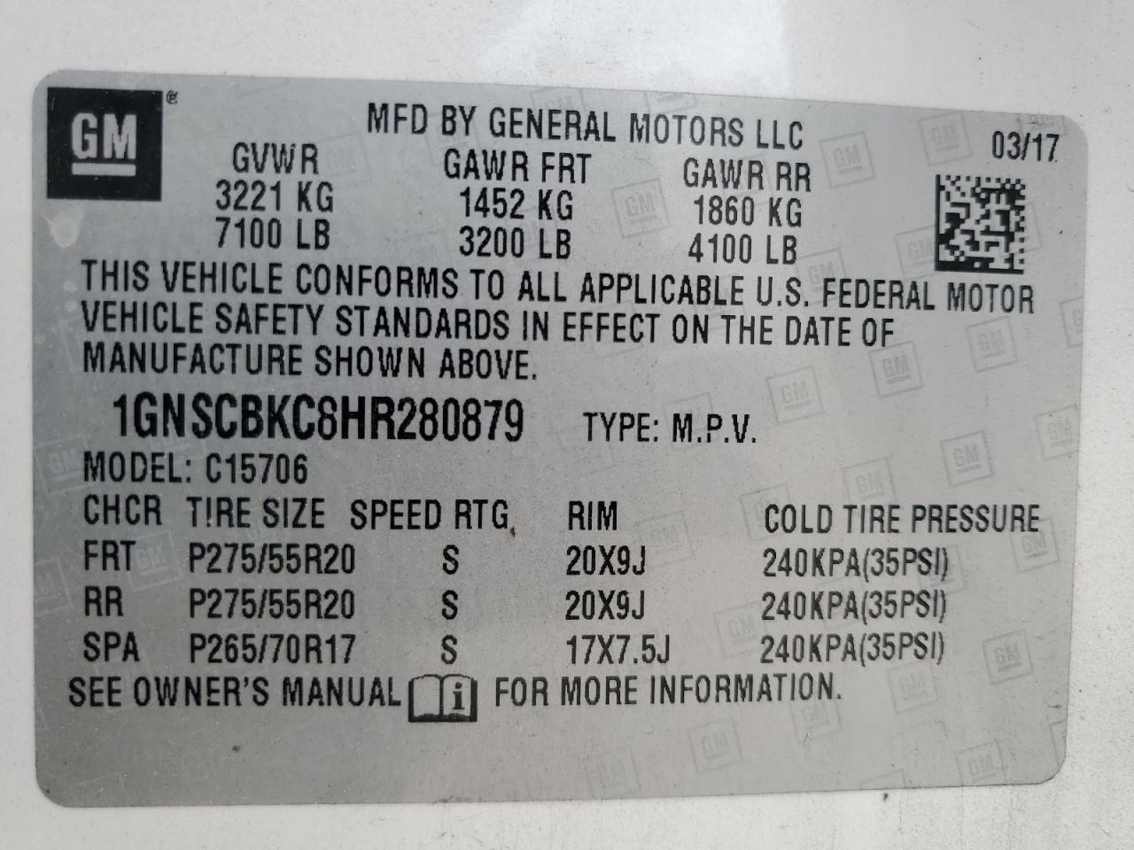 1GNSCBKC8HR280879 2017 Chevrolet Tahoe C1500 Lt