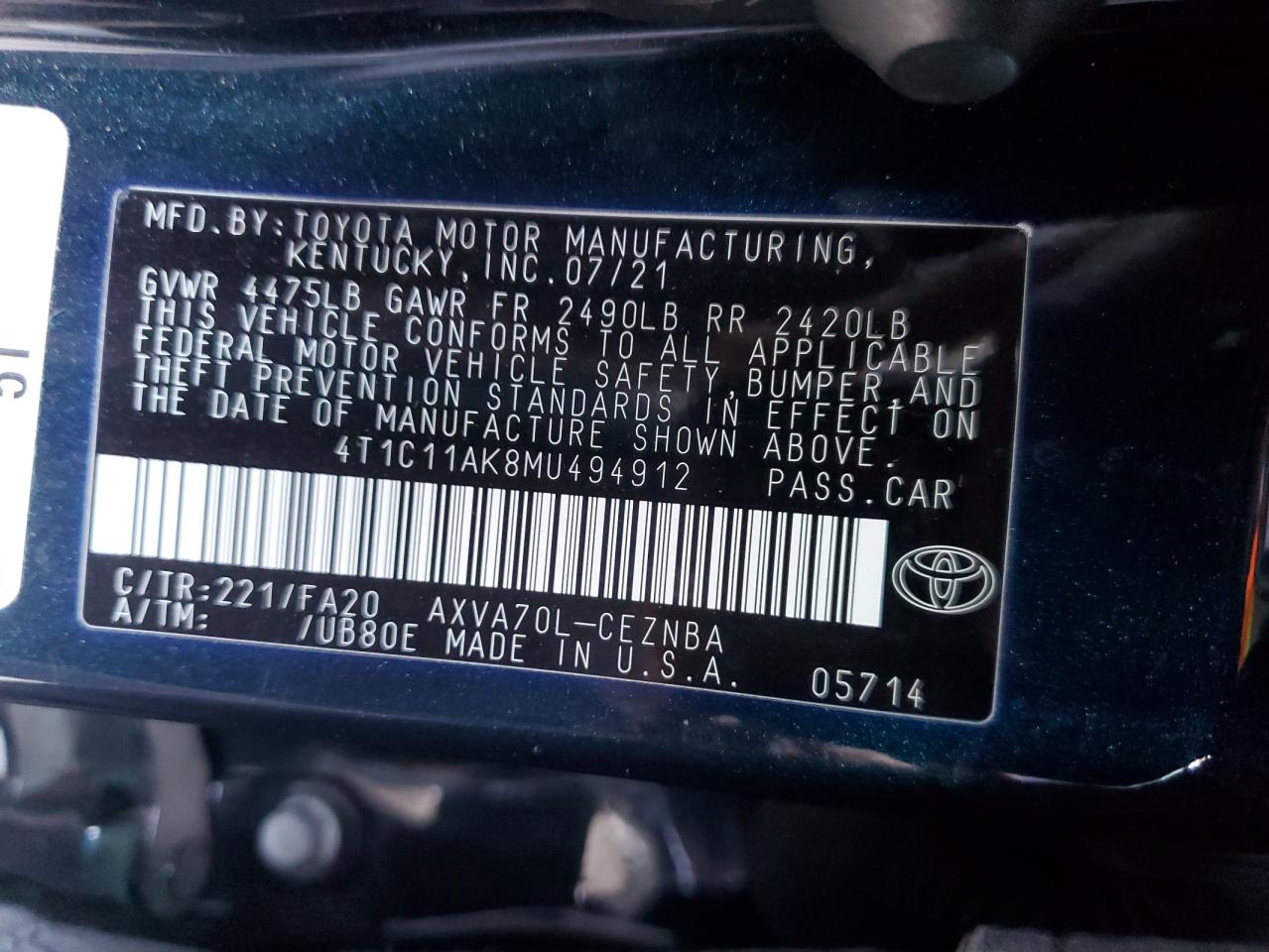 4T1C11AK8MU494912 TOYOTA CAMRY 2021