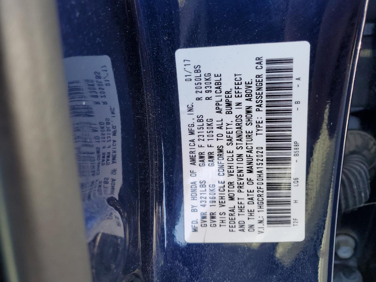 1HGCR2F00HA152020 2017 Honda Accord Ex