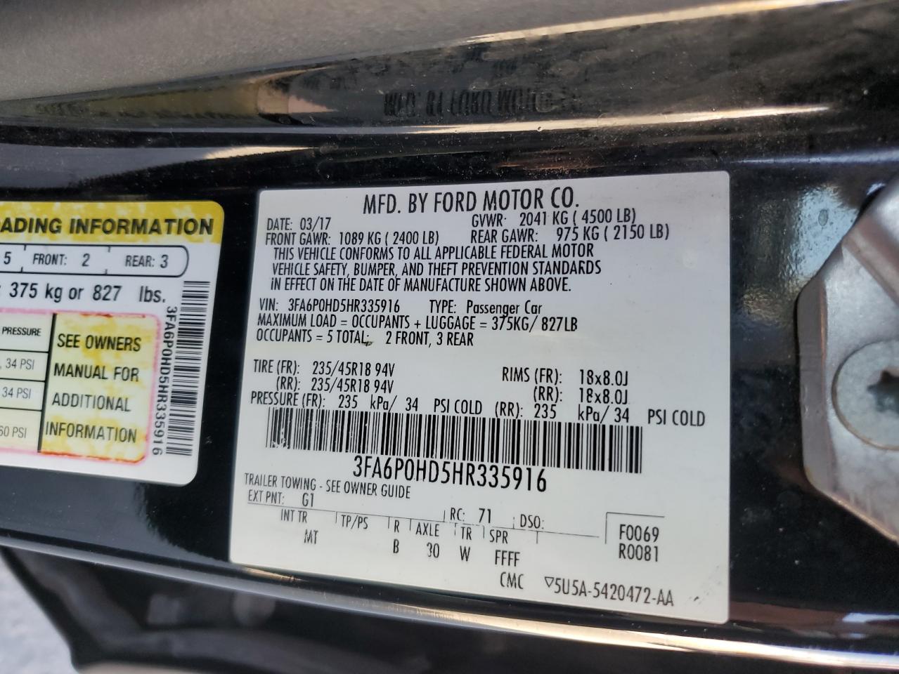 3FA6P0HD5HR335916 FORD FUSION 2017