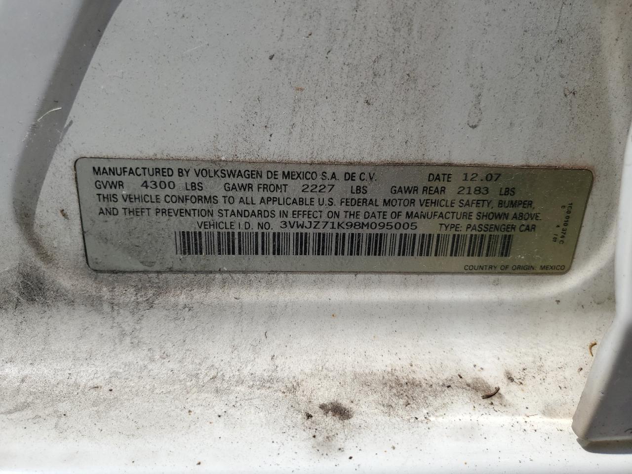 3VWJZ71K98M095005 2008 Volkswagen Jetta S