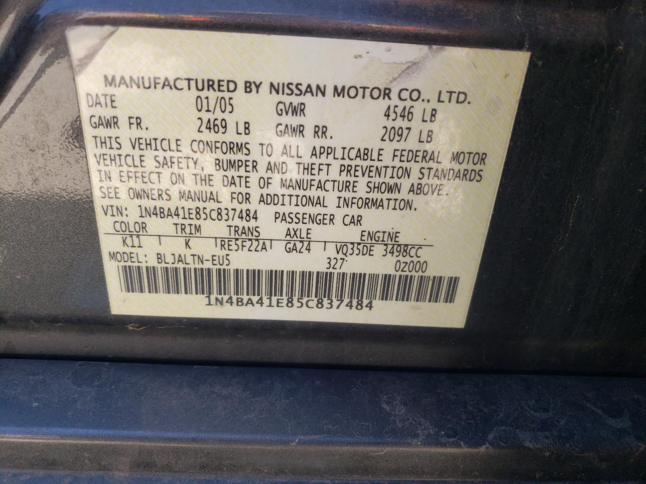 1N4BA41E85C837484 2005 Nissan Maxima Se