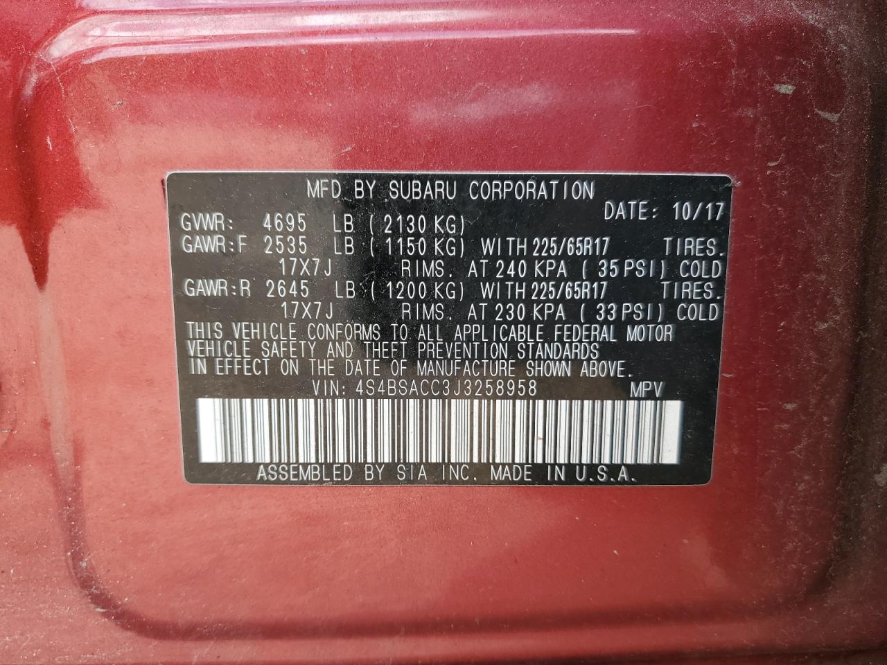 4S4BSACC3J3258958 2018 Subaru Outback 2.5I Premium