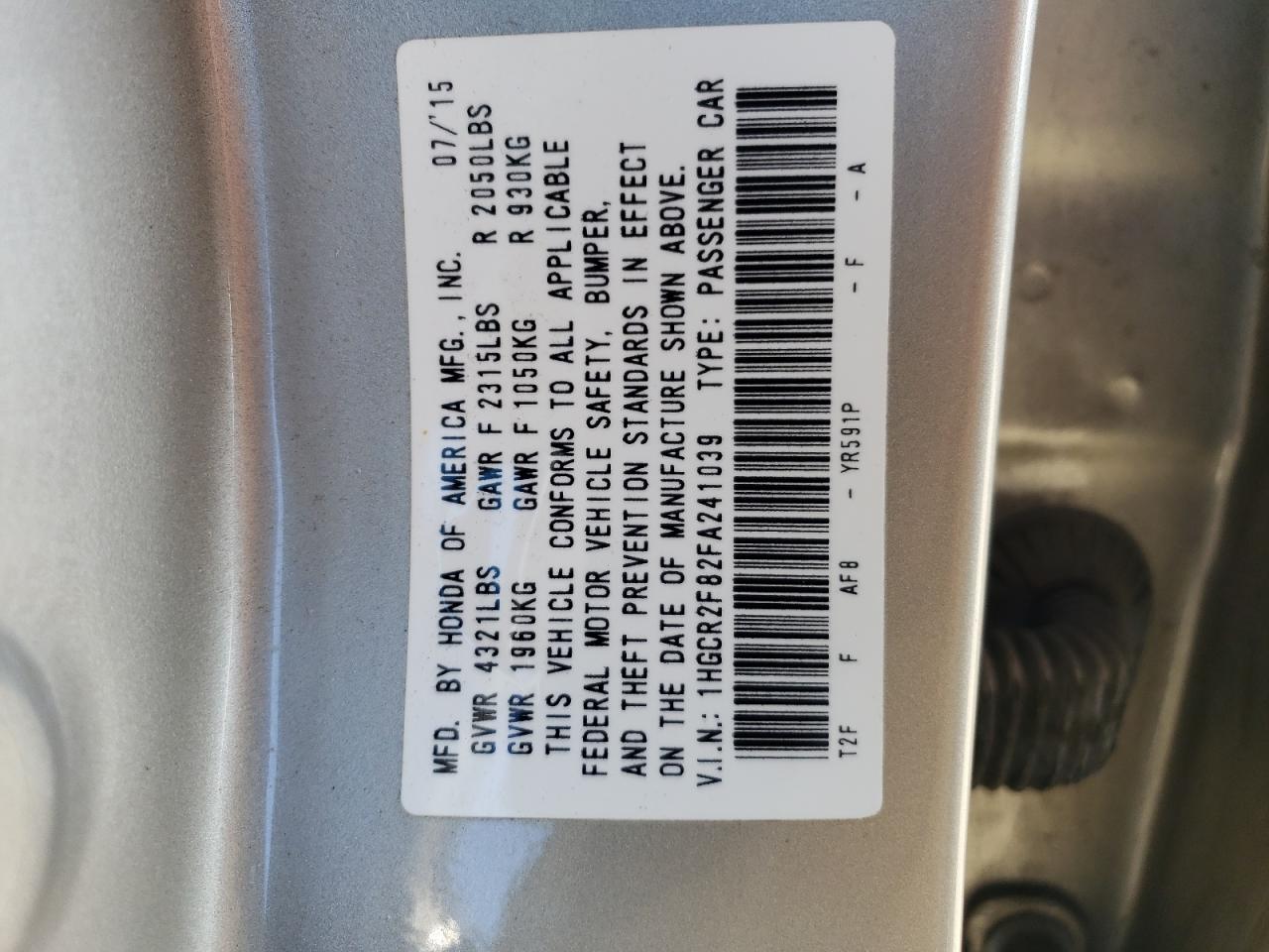 1HGCR2F82FA241039 2015 Honda Accord Exl