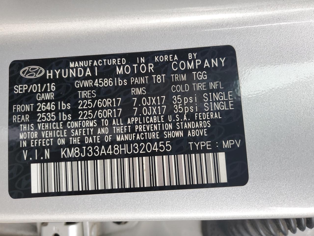 KM8J33A48HU320455 2017 Hyundai Tucson Limited