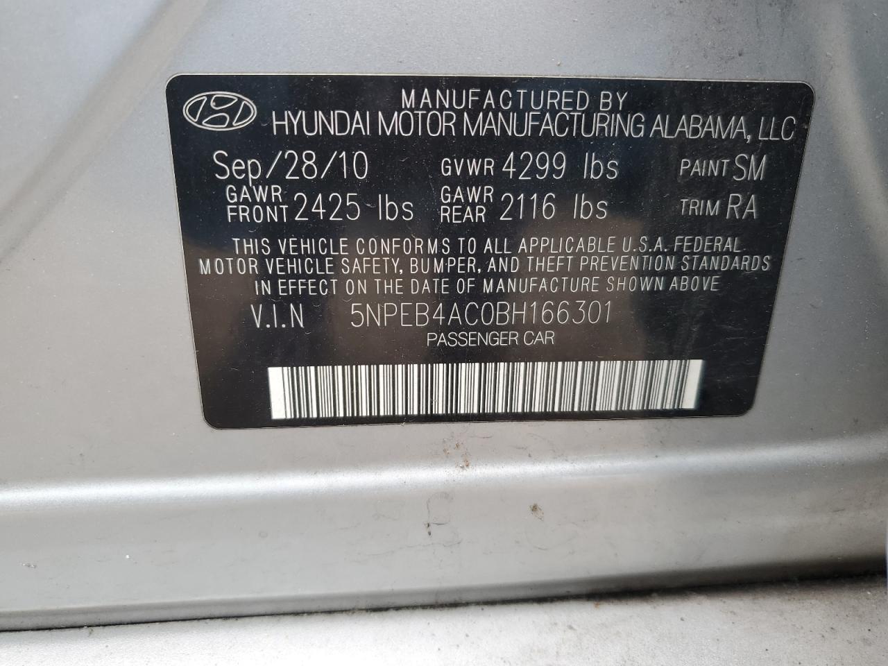 5NPEB4AC0BH166301 2011 Hyundai Sonata Gls