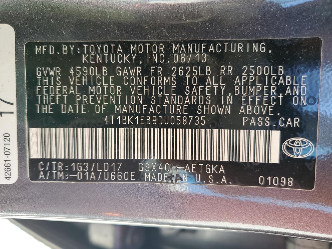 4T1BK1EB9DU058735 2013 Toyota Avalon Base