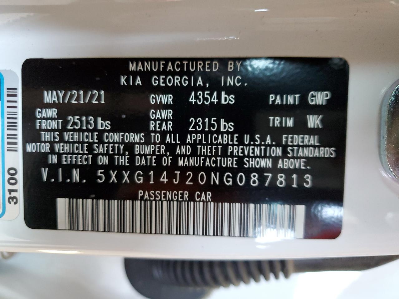 5XXG14J20NG087813 2022 Kia K5 Lxs