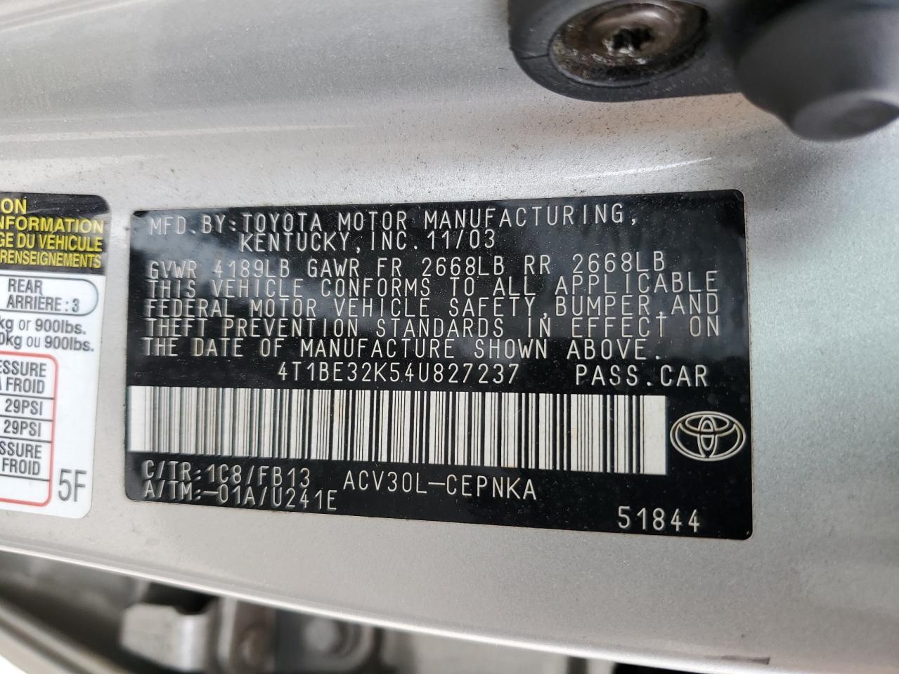 4T1BE32K54U827237 2004 Toyota Camry Le