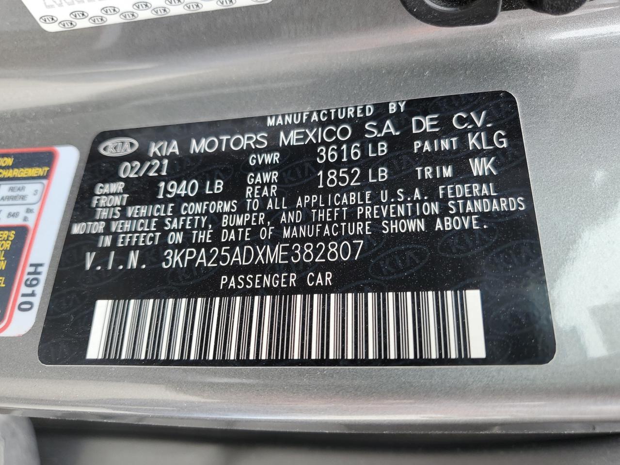 3KPA25ADXME382807 2021 Kia Rio S