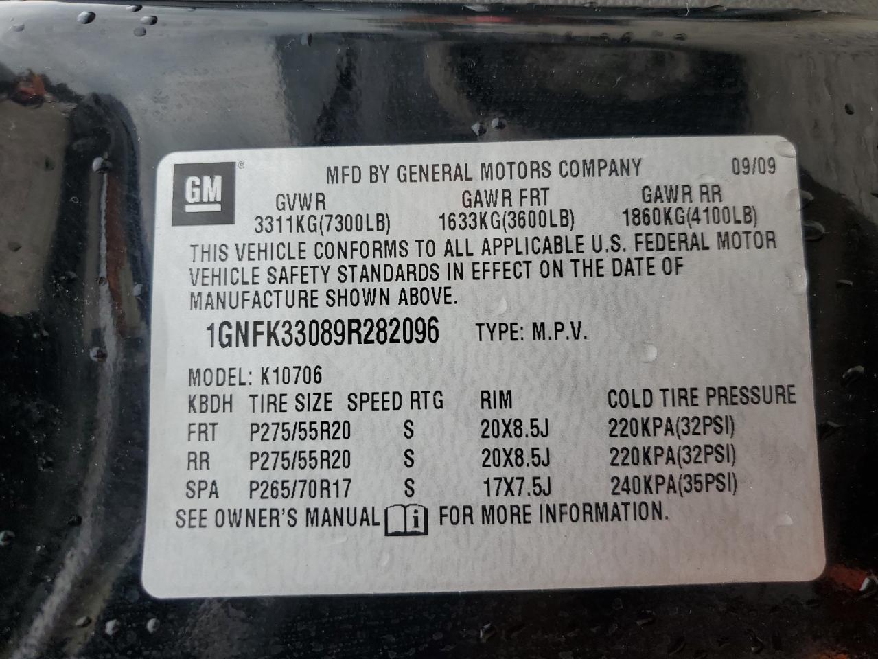 1GNFK33089R282096 2009 Chevrolet Tahoe K1500 Ltz