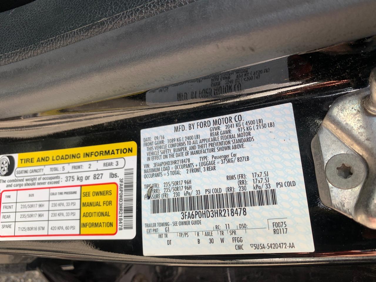 3FA6P0HD3HR218478 FORD FUSION 2017