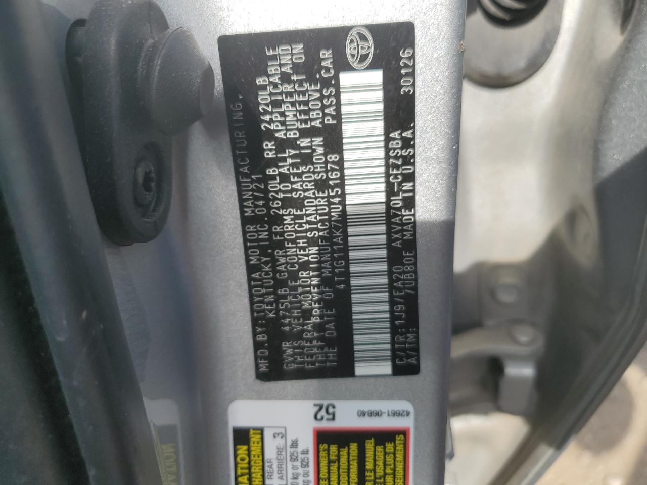 4T1G11AK7MU451678 2021 Toyota Camry Se