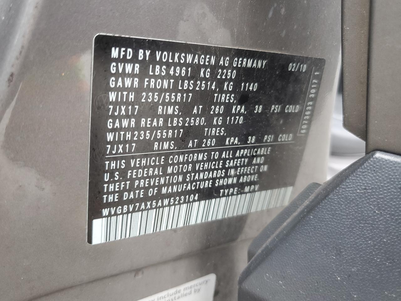 WVGBV7AX5AW523104 2010 Volkswagen Tiguan Se