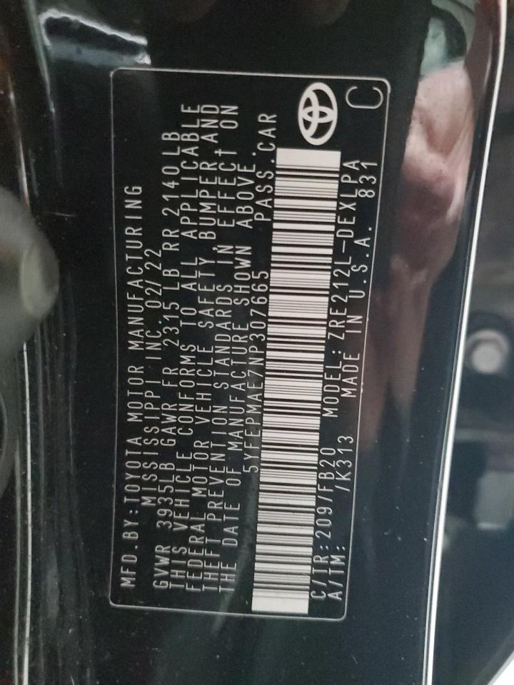5YFEPMAE7NP307665 TOYOTA COROLLA 2022