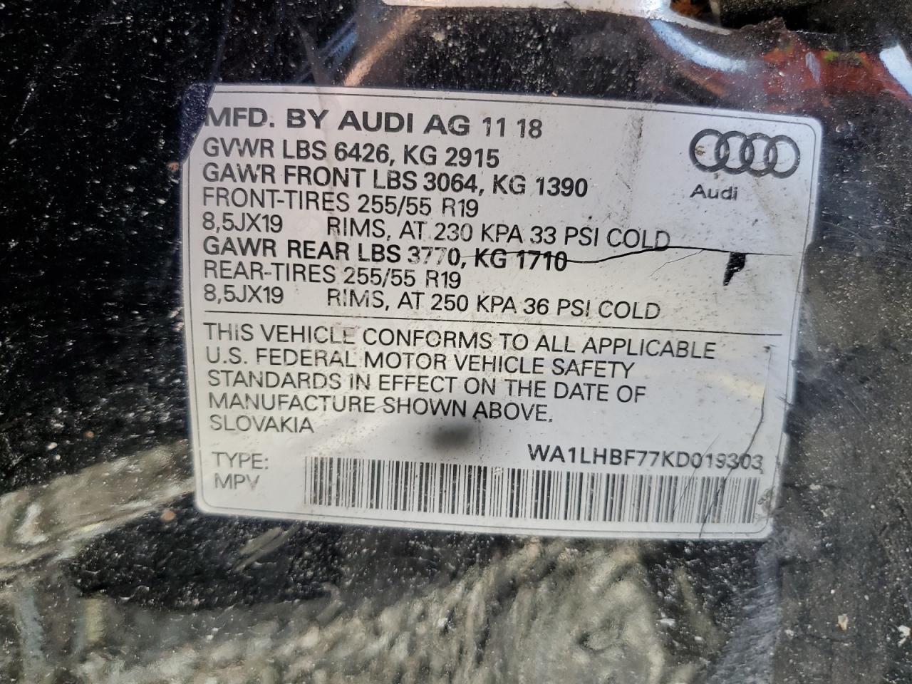 WA1LHBF77KD019303 2019 Audi Q7 Premium Plus