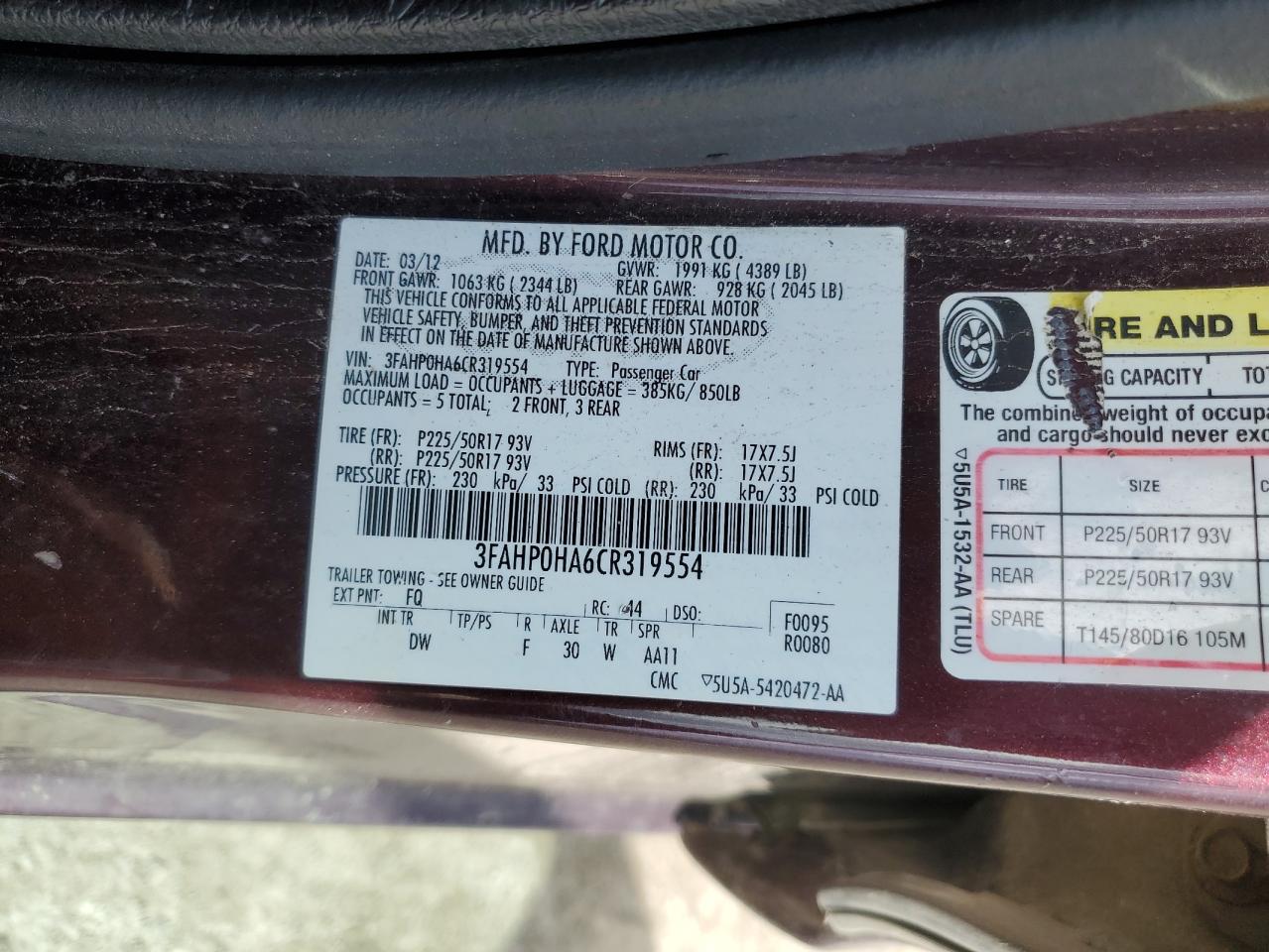 3FAHP0HA6CR319554 2012 Ford Fusion Se