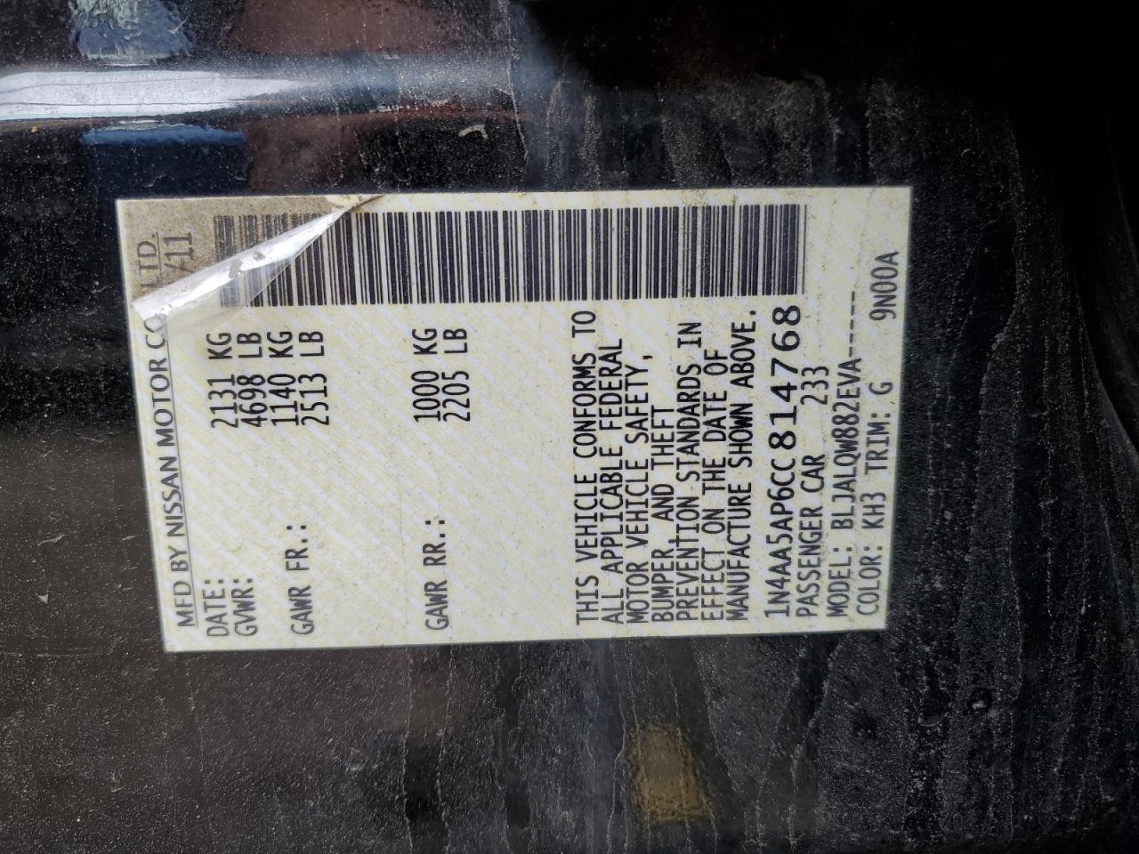 1N4AA5AP6CC814768 2012 Nissan Maxima S