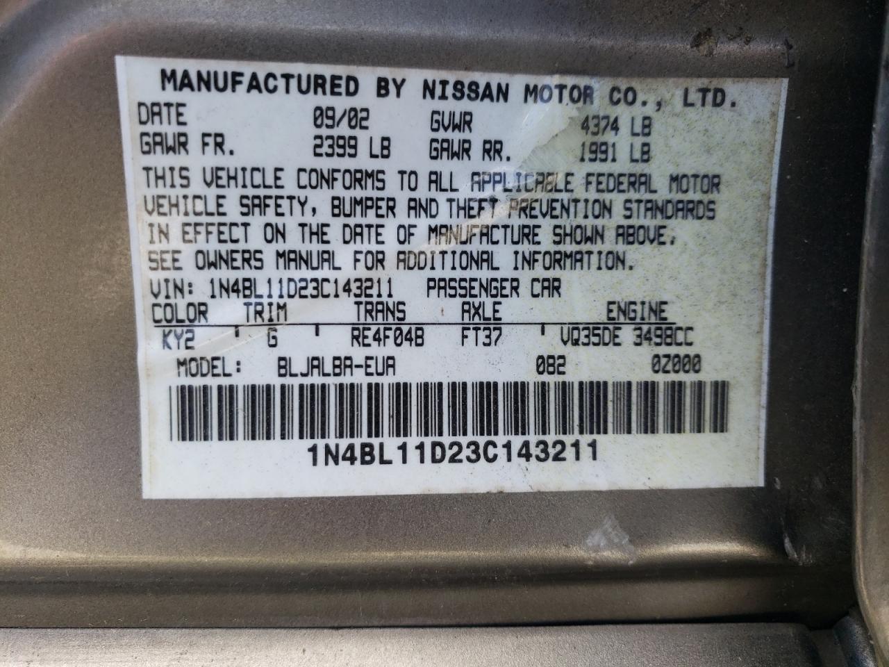 1N4BL11D23C143211 2003 Nissan Altima Se