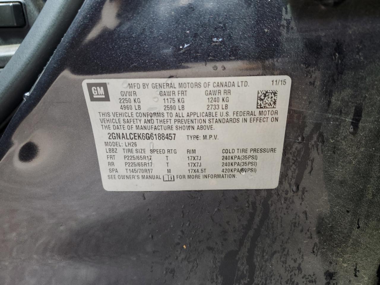2GNALCEK6G6188457 CHEVROLET EQUINOX 2016