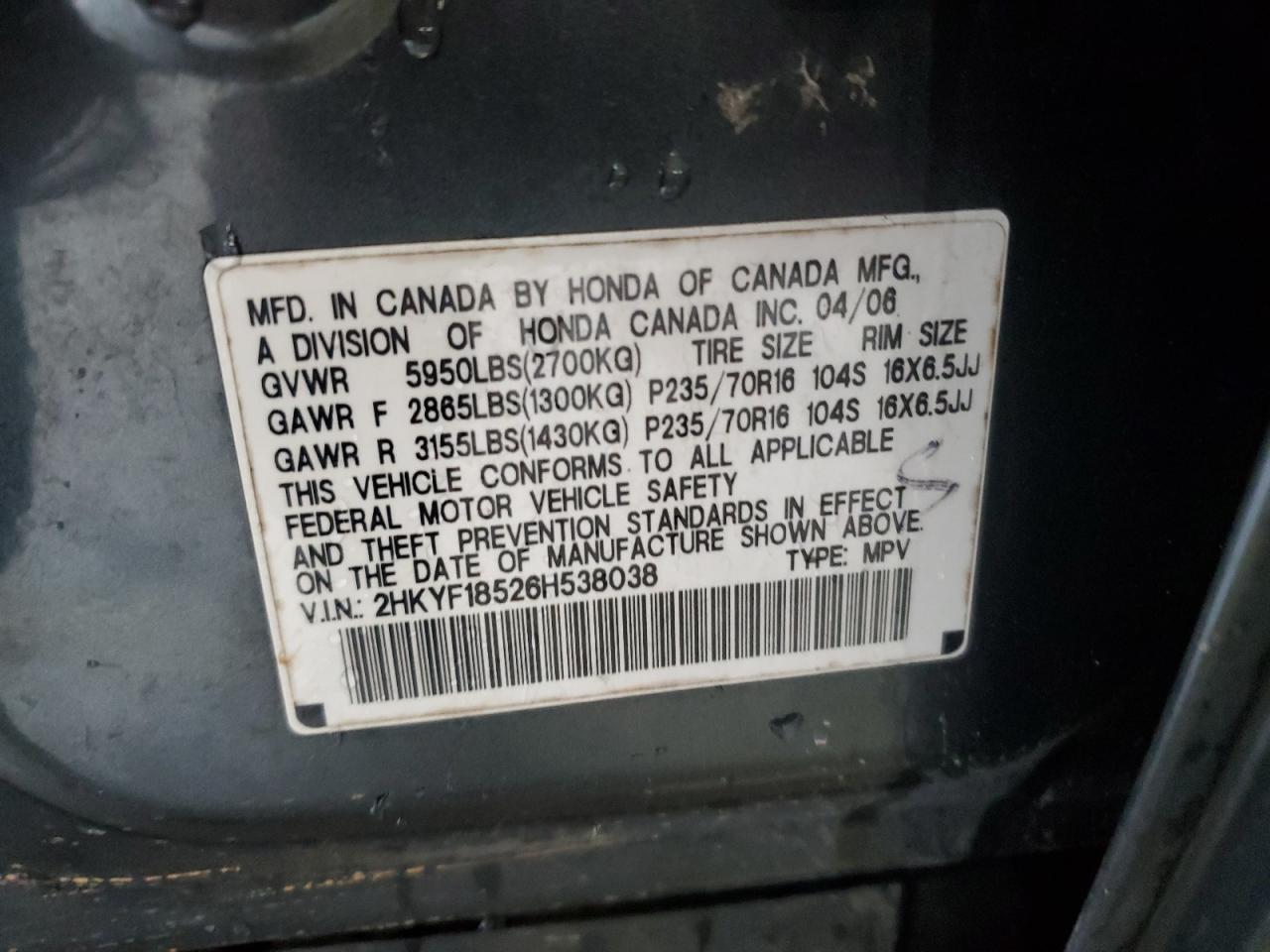 2HKYF18526H538038 2006 Honda Pilot Ex