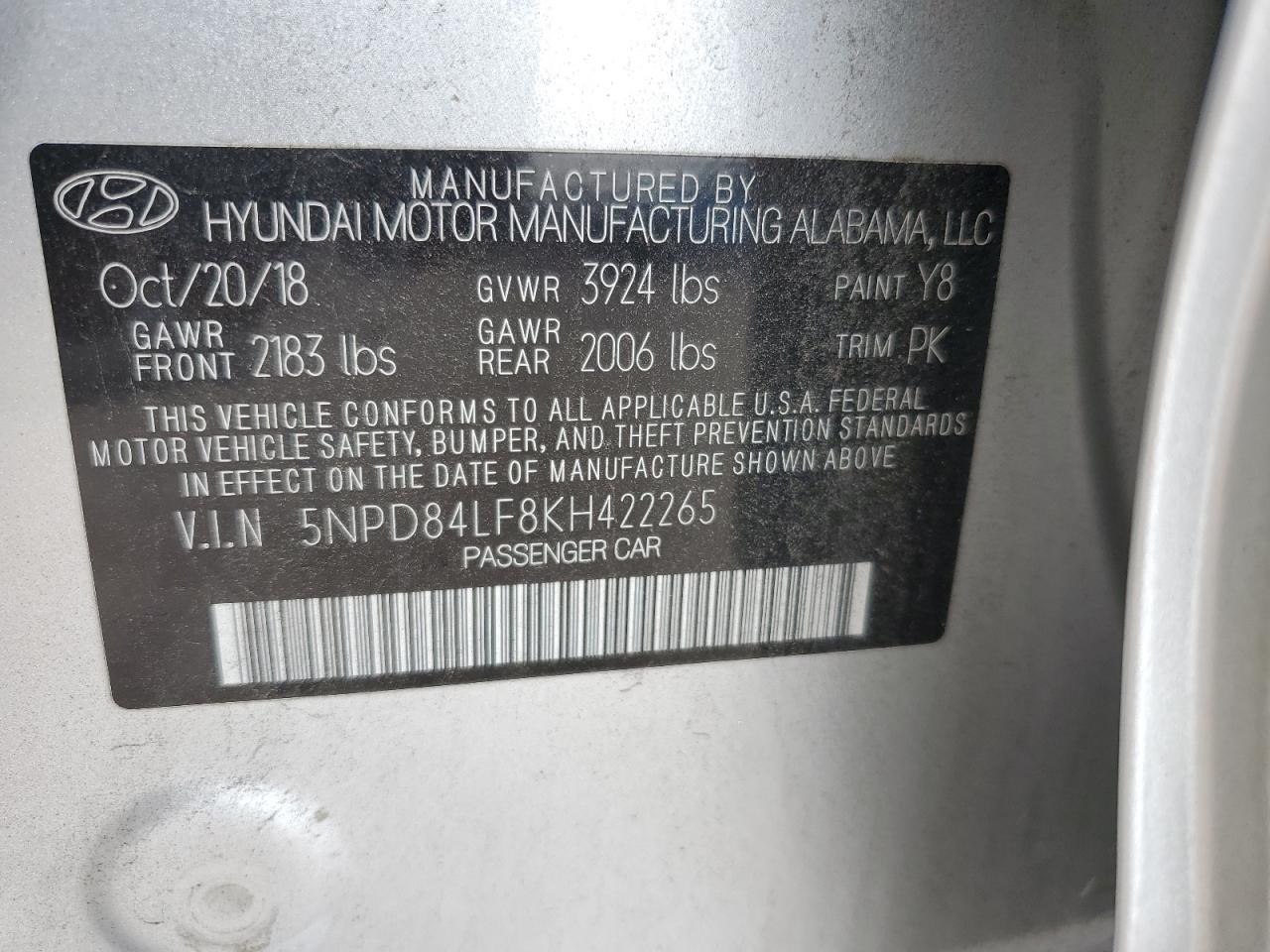 5NPD84LF8KH422265 2019 Hyundai Elantra Sel