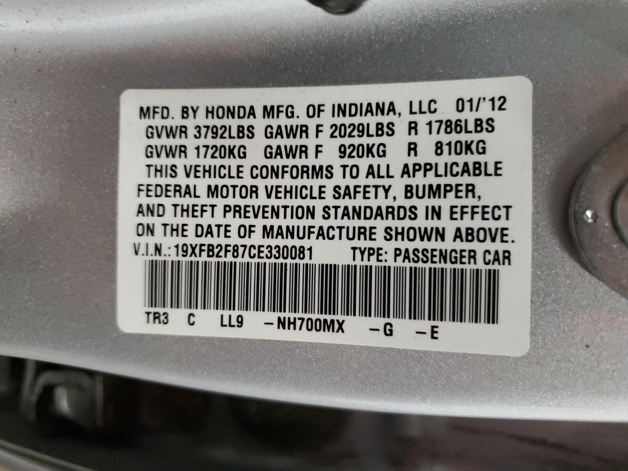 19XFB2F87CE330081 2012 Honda Civic Ex