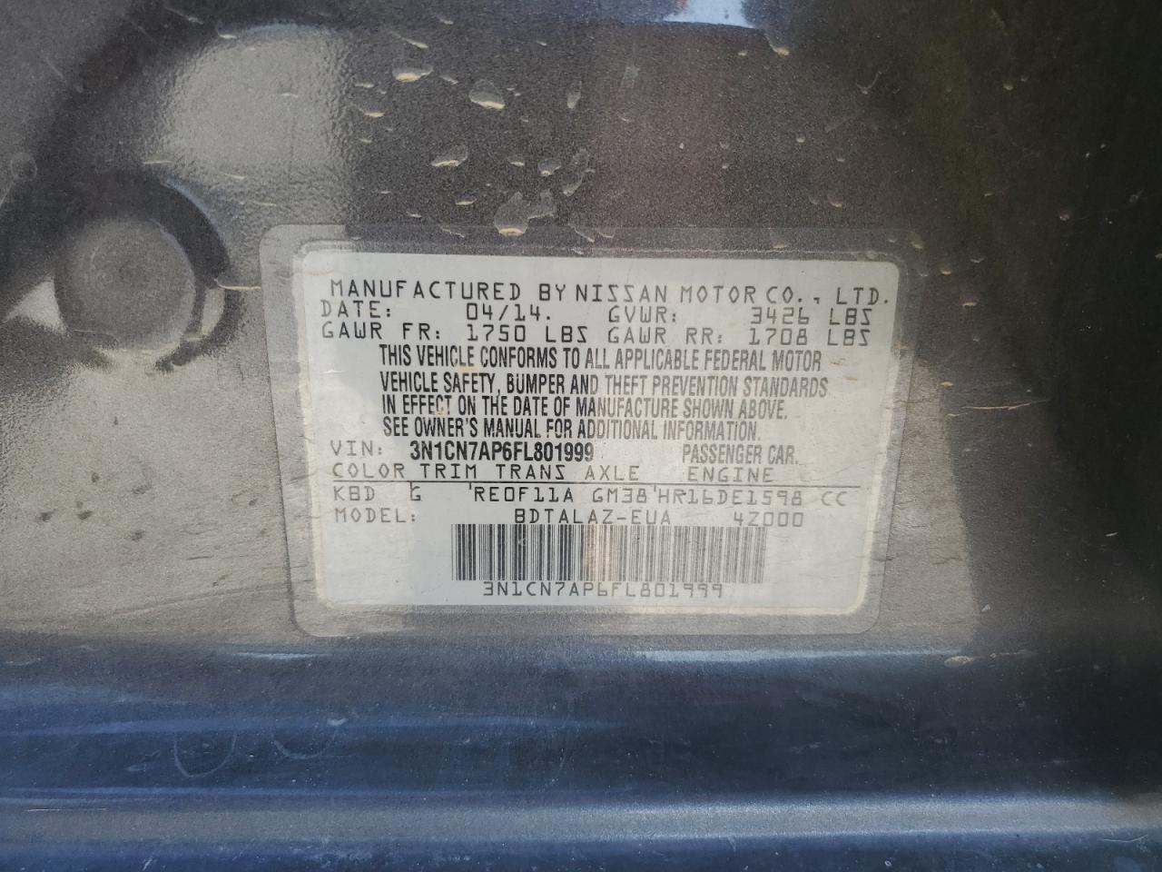 3N1CN7AP6FL801999 2015 Nissan Versa S