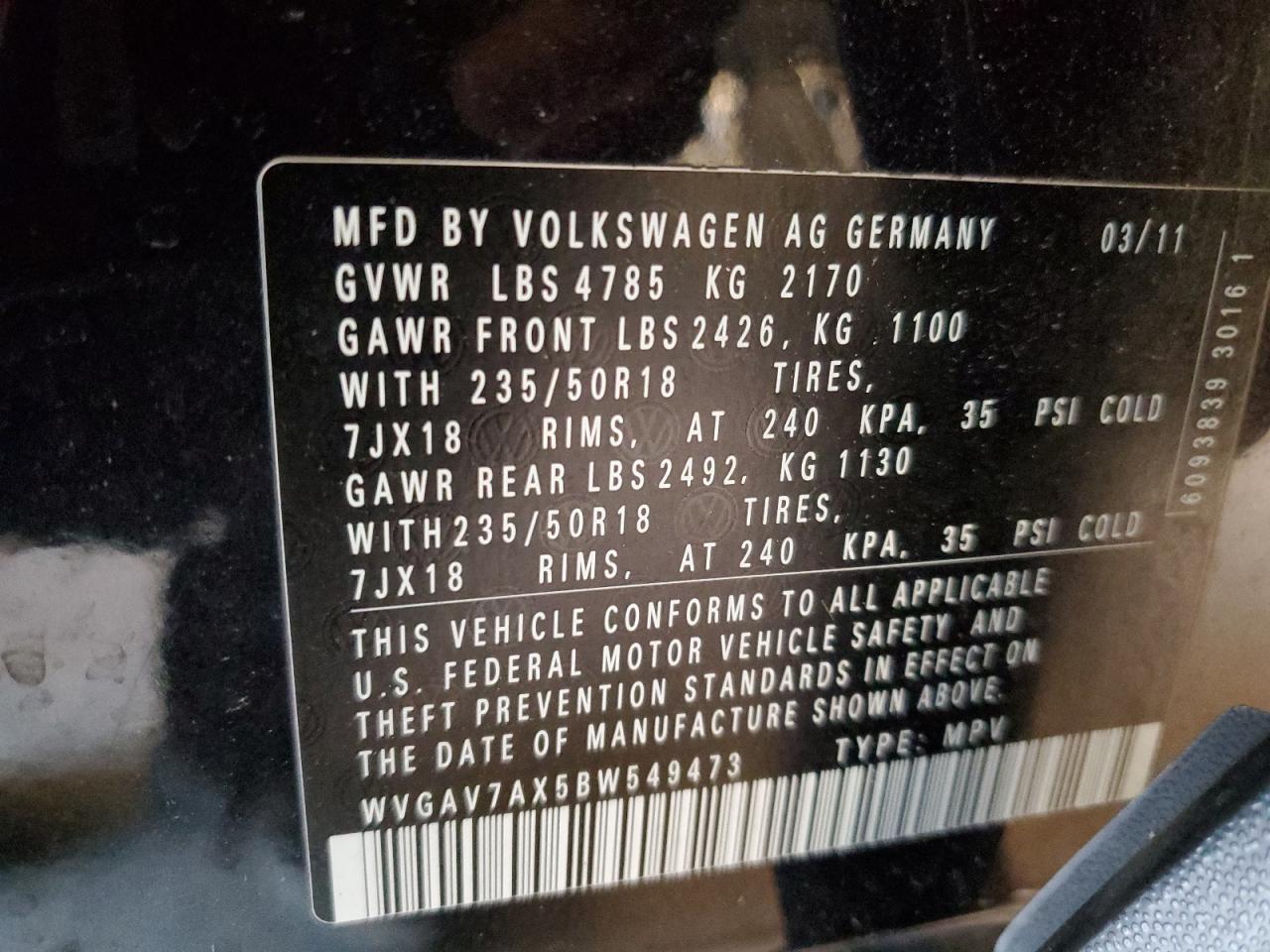 WVGAV7AX5BW549473 2011 Volkswagen Tiguan S