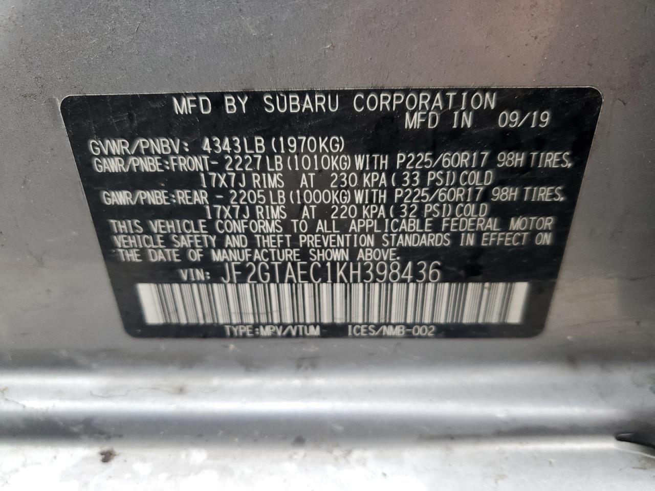 JF2GTAEC1KH398436 2019 Subaru Crosstrek Premium