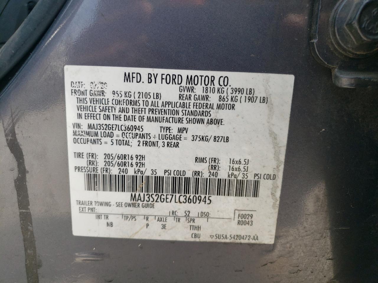 MAJ3S2GE7LC360945 2020 Ford Ecosport Se