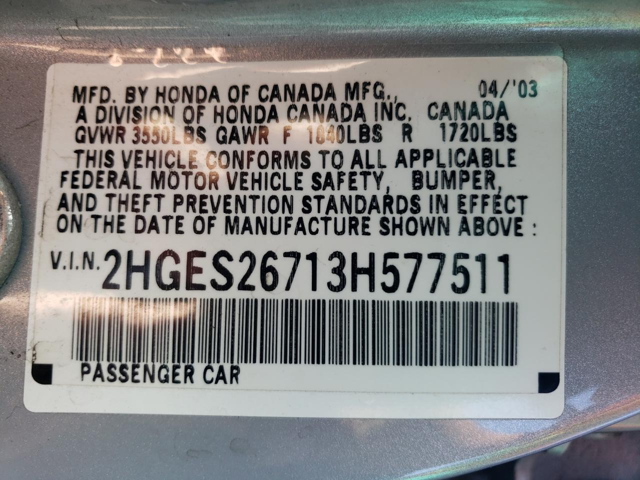 2HGES26713H577511 2003 Honda Civic Ex