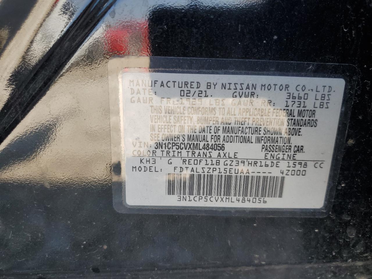 3N1CP5CVXML484056 2021 Nissan Kicks Sv