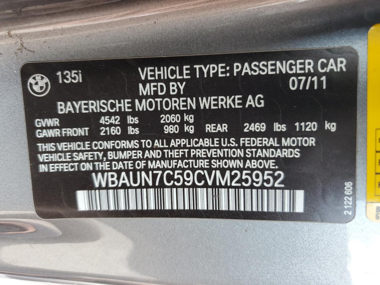 WBAUN7C59CVM25952 2012 BMW 135 I