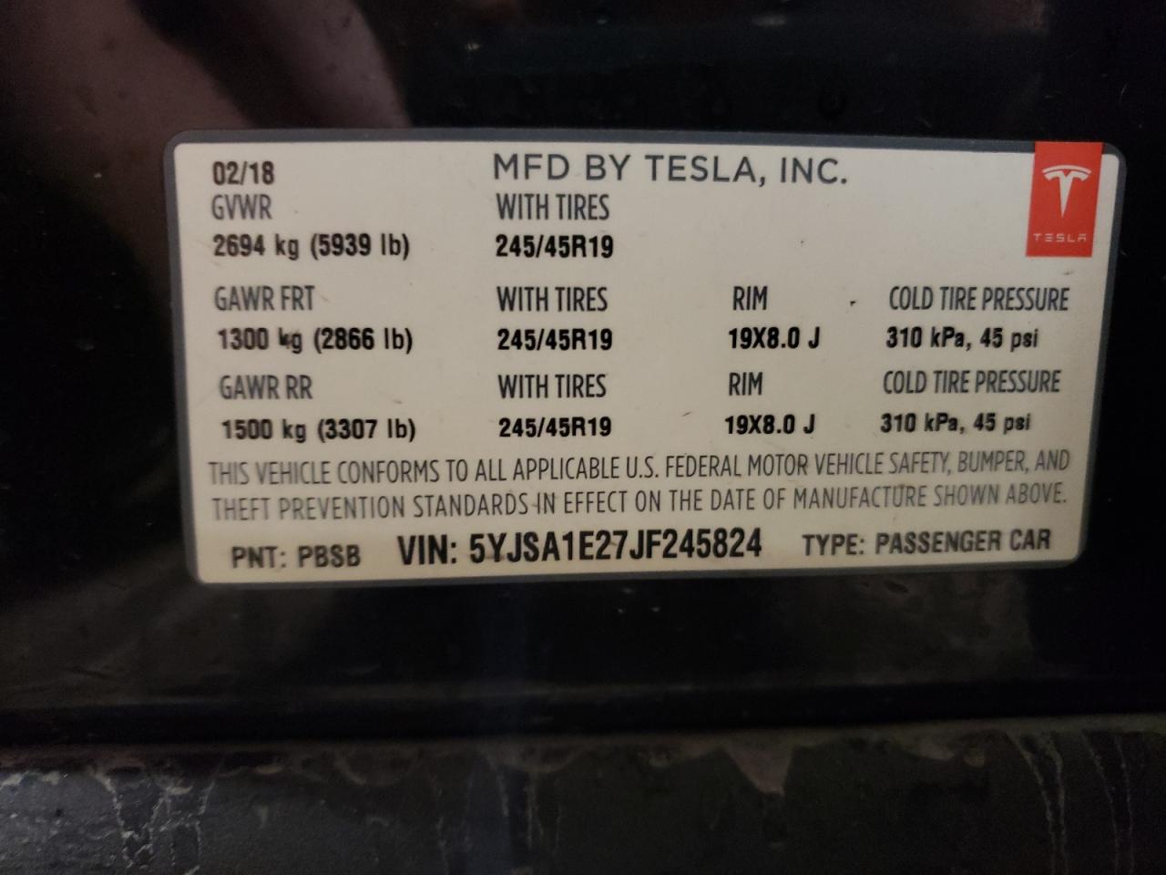 5YJSA1E27JF245824 2018 Tesla Model S