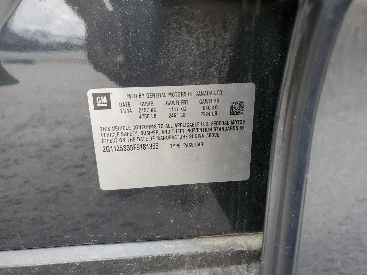 2G1125S35F9181865 2015 Chevrolet Impala Lt