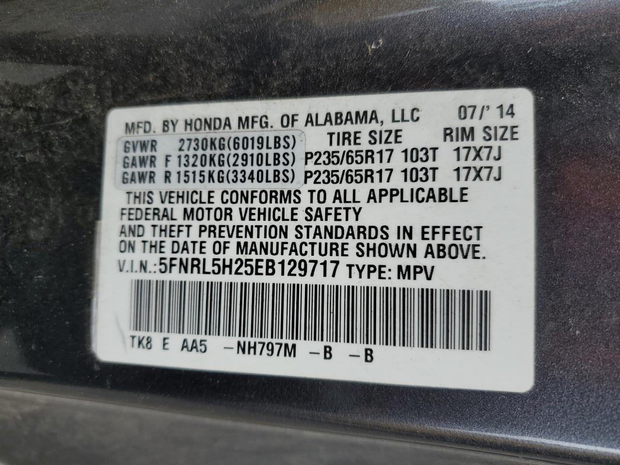 2014 Honda Odyssey Lx vin: 5FNRL5H25EB129717