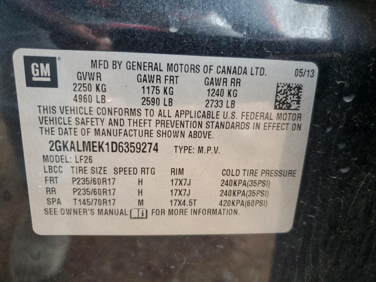 2GKALMEK1D6359274 2013 GMC Terrain Sle