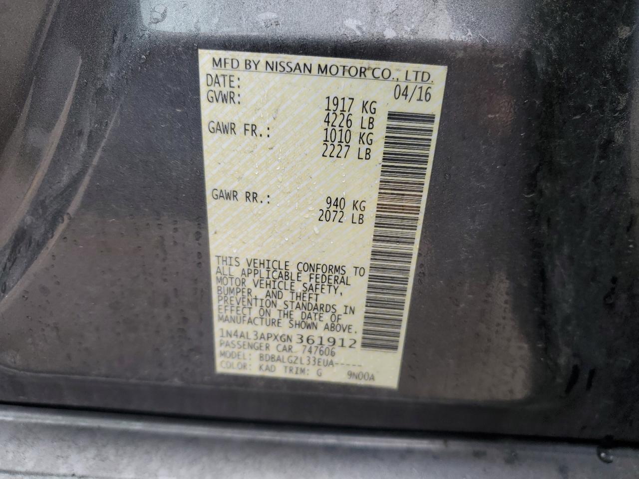 1N4AL3APXGN361912 NISSAN ALTIMA 2016