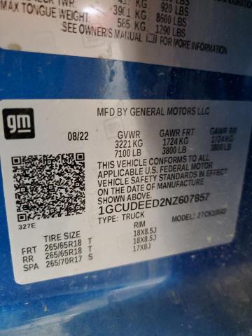 2022 Chevrolet Silverado K1500 Rst VIN: 1GCUDEED2NZ607857 Lot: 55674464